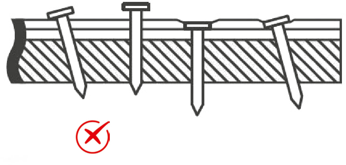 Пример неправильной забивки
                    гвоздей при монтаже продукции.